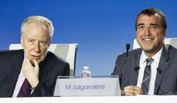 Arnaud Lagardère (à droite) lors de l'Assemblée nationale du groupe Lagardère le 10 mai 2019.